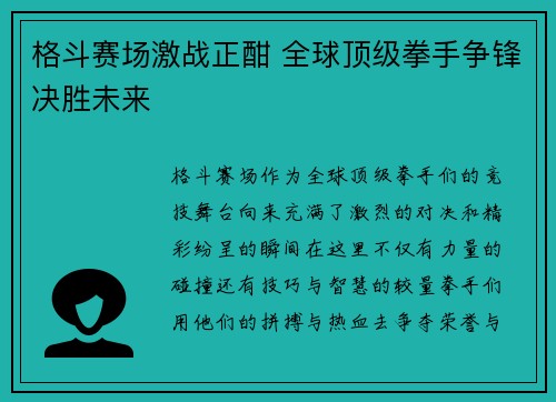 格斗赛场激战正酣 全球顶级拳手争锋决胜未来