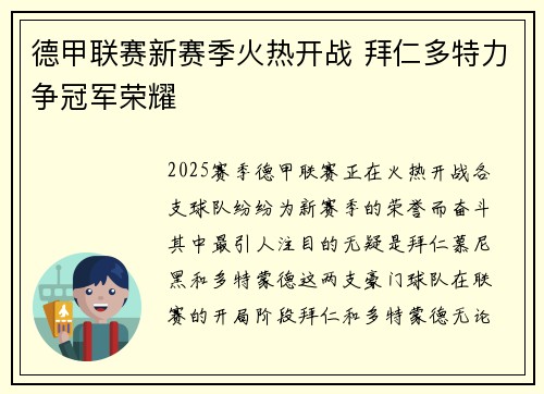 德甲联赛新赛季火热开战 拜仁多特力争冠军荣耀
