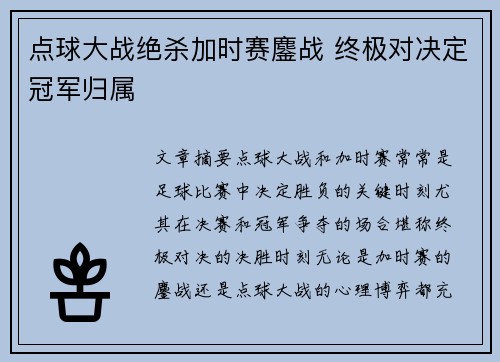 点球大战绝杀加时赛鏖战 终极对决定冠军归属