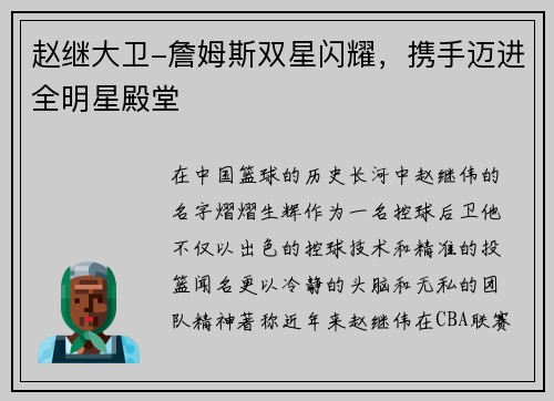 赵继大卫-詹姆斯双星闪耀，携手迈进全明星殿堂