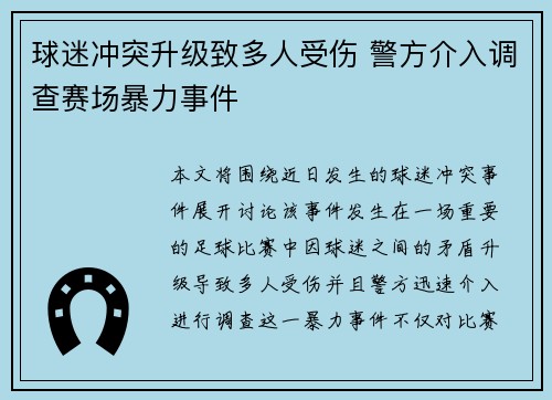 球迷冲突升级致多人受伤 警方介入调查赛场暴力事件